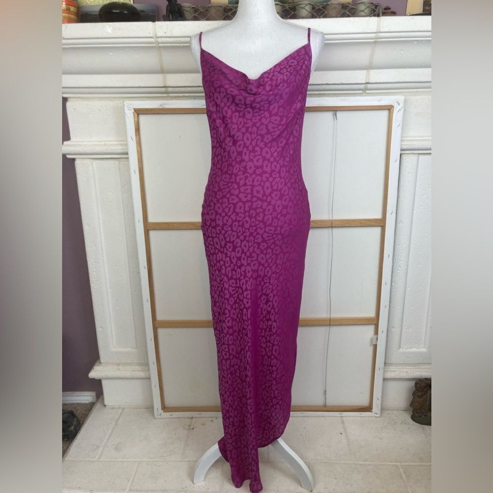 Bar III BNWT Fuchsia Leopard Print Maxi Slip Dress side slit mermaid 90s Vibe